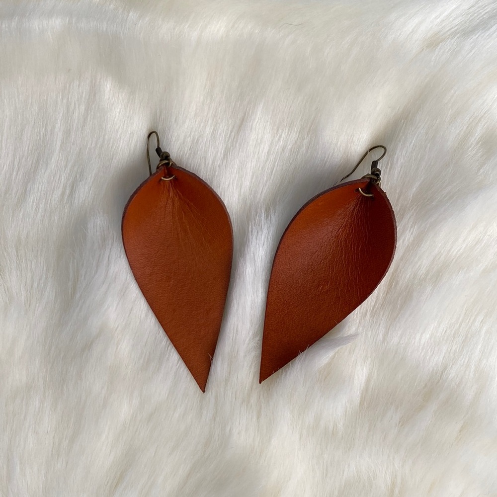 Camel colored Leather tear drop earrings